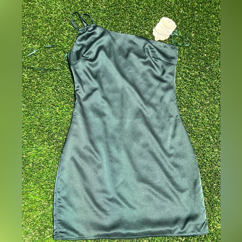 Emerald one shoulder satin mini dress